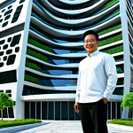 A professional Malaysian architect in appropriate attire, standing in front of a futuristic eco-friendly virtual building design, fully clothed, safe for work, perfect anatomy, natural proportions, architectural visualization, professional presentation.