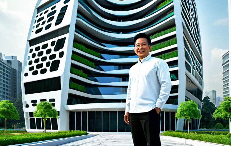 A professional Malaysian architect in appropriate attire, standing in front of a futuristic eco-friendly virtual building design, fully clothed, safe for work, perfect anatomy, natural proportions, architectural visualization, professional presentation.