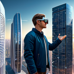 메타버스 부동산의 과거 현재 미래 - **Image Prompt:** "A futuristic cityscape with virtual buildings overlaid onto a real-world urban en...