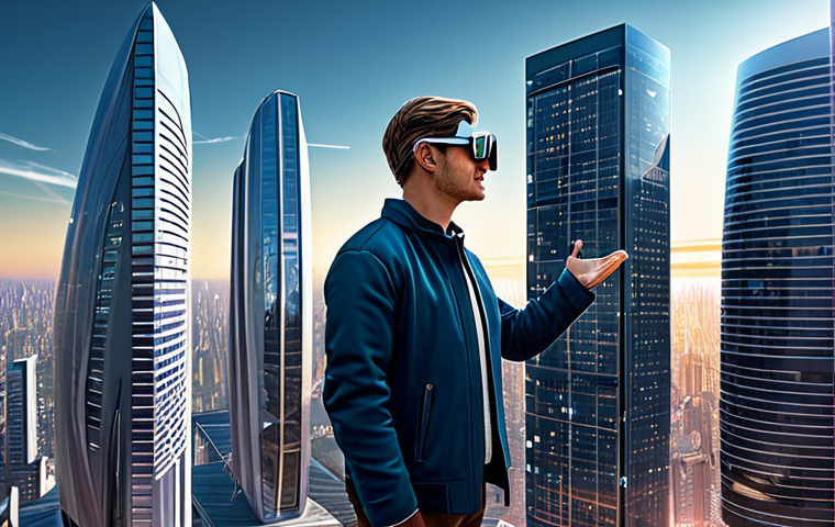 메타버스 부동산의 과거 현재 미래 - **Image Prompt:** "A futuristic cityscape with virtual buildings overlaid onto a real-world urban en...